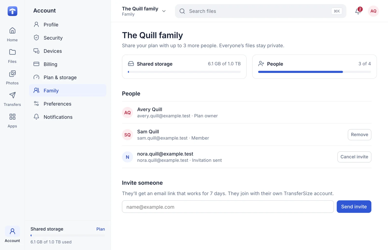 A Family plan with shared storage, the people on it and an invite form