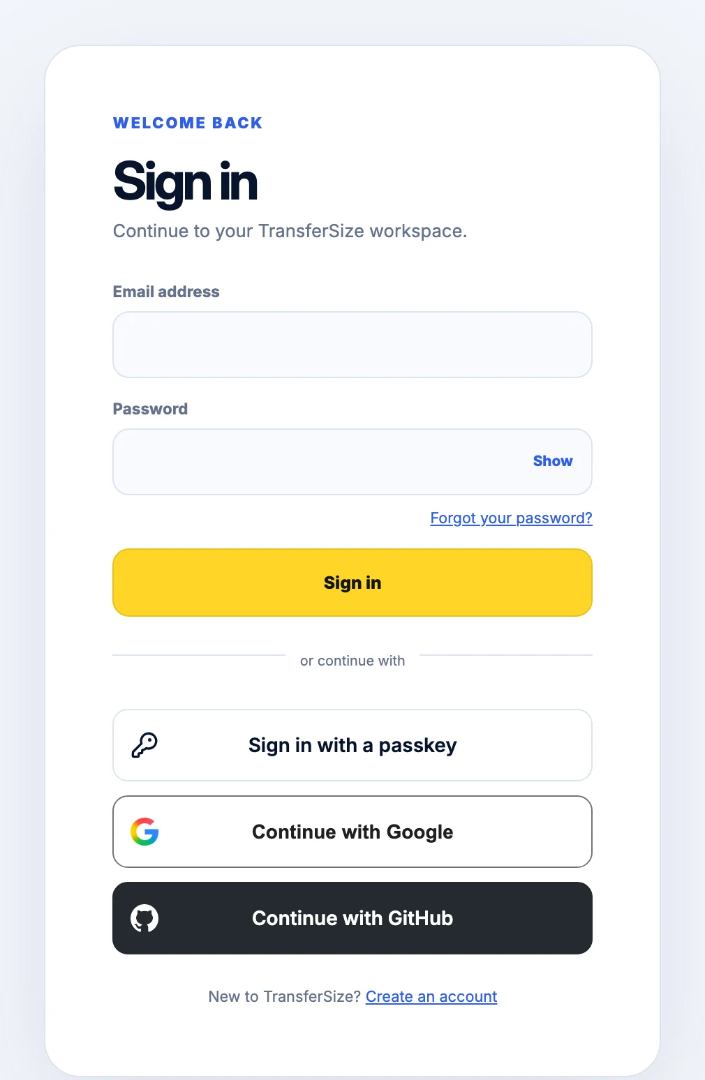 The TransferSize sign-in page with a Sign in with a passkey button under the password form