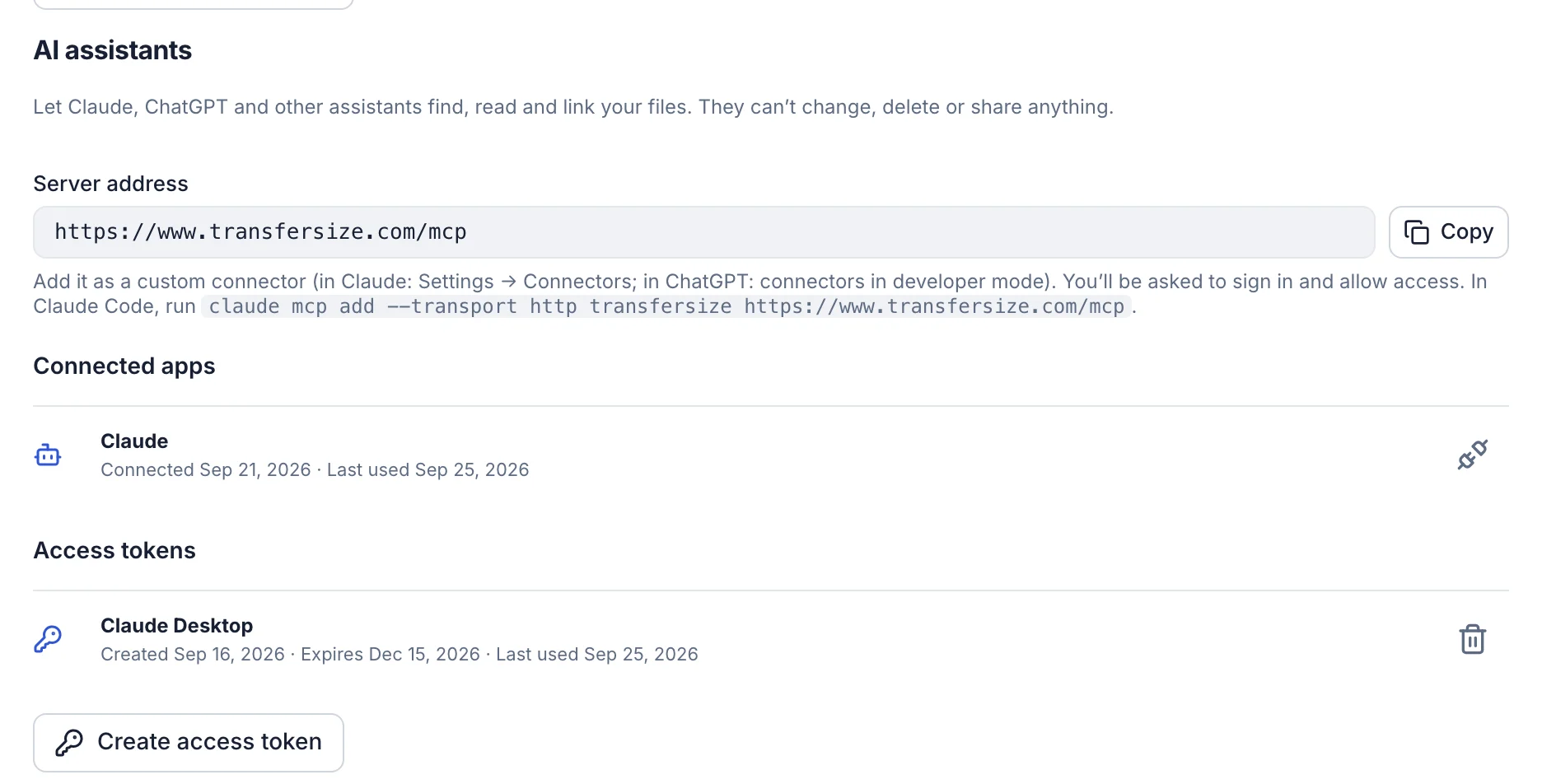 AI assistants settings with the MCP server address, a connected Claude app and an access token