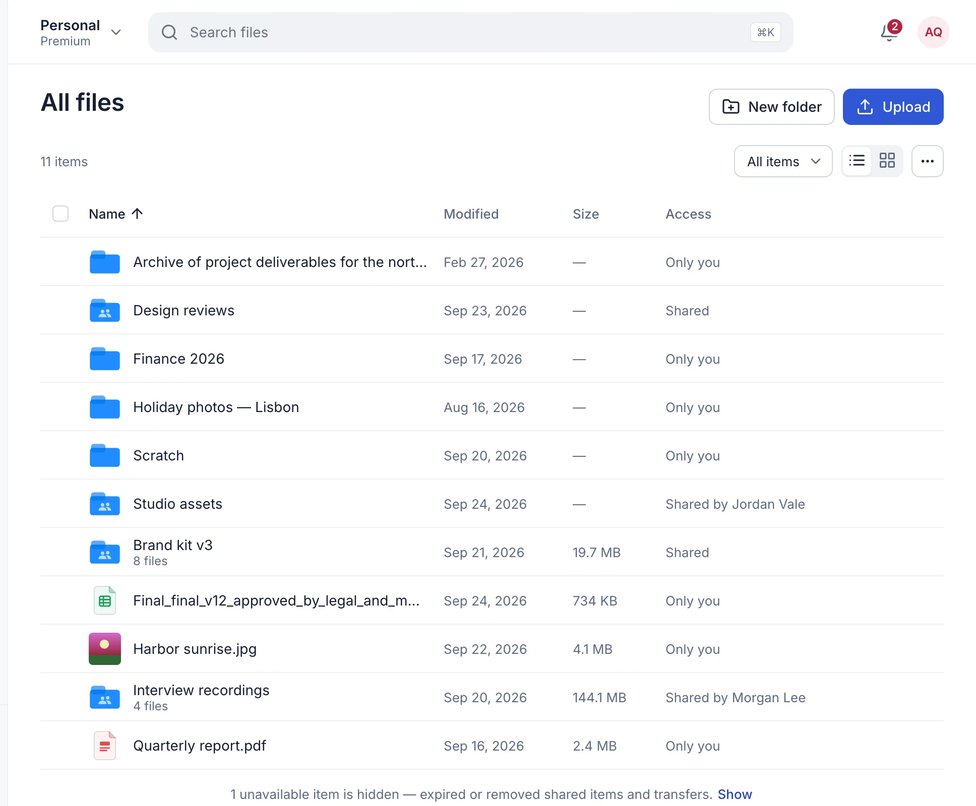 All files in the TransferSize workspace with folders, files, sizes and sharing status