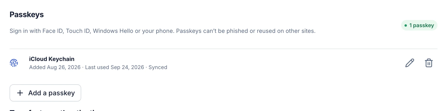 Passkeys settings with a saved iCloud Keychain passkey and the Add a passkey button