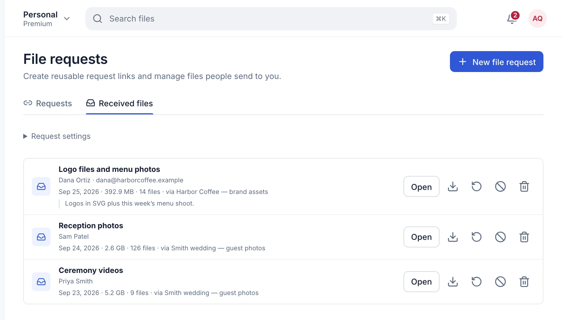 Files received through receive links, with the sender name and size