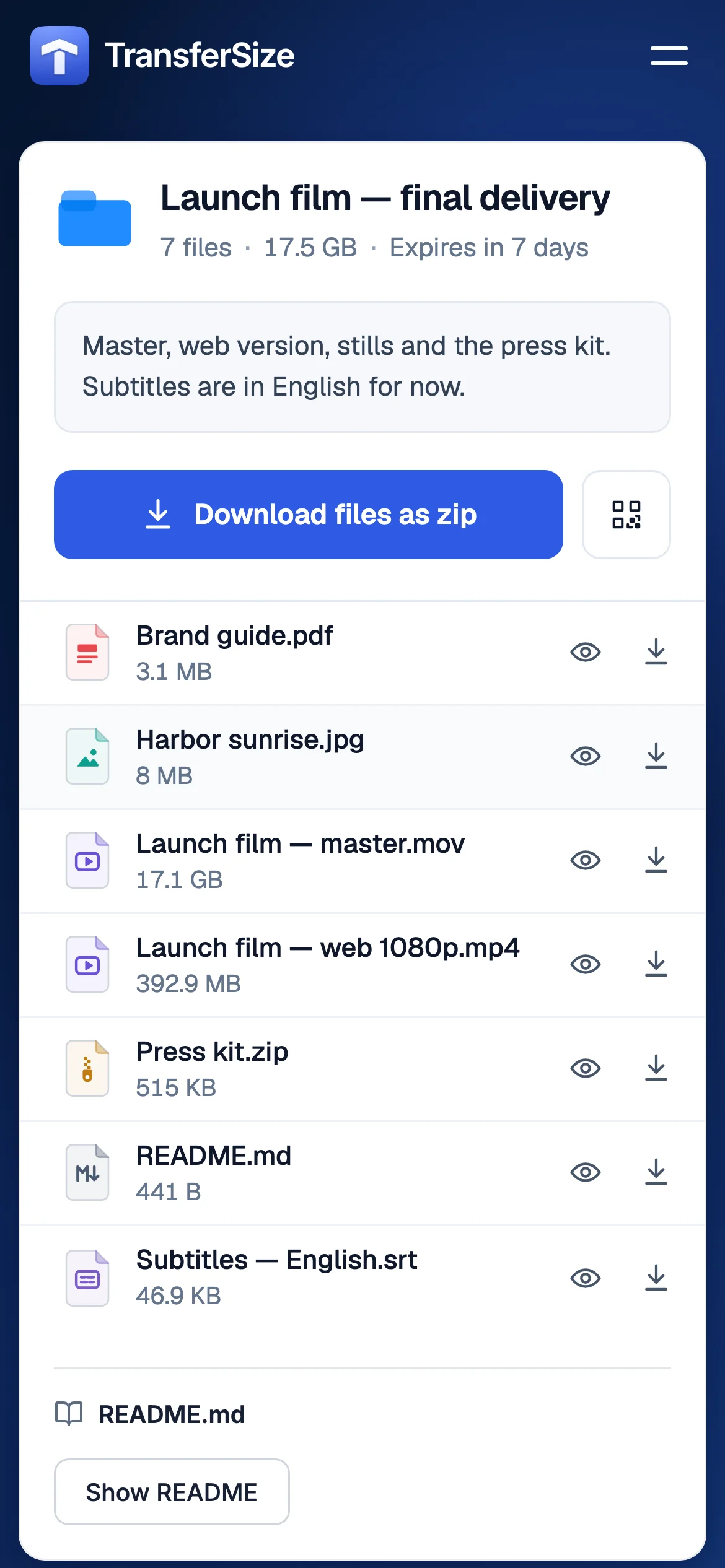 Recipient download page on a phone: the transfer, its size and expiry, the download button and the file list