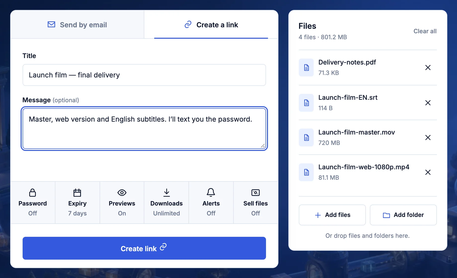 TransferSize uploader with four files selected, a title and a message, and the Create link option chosen