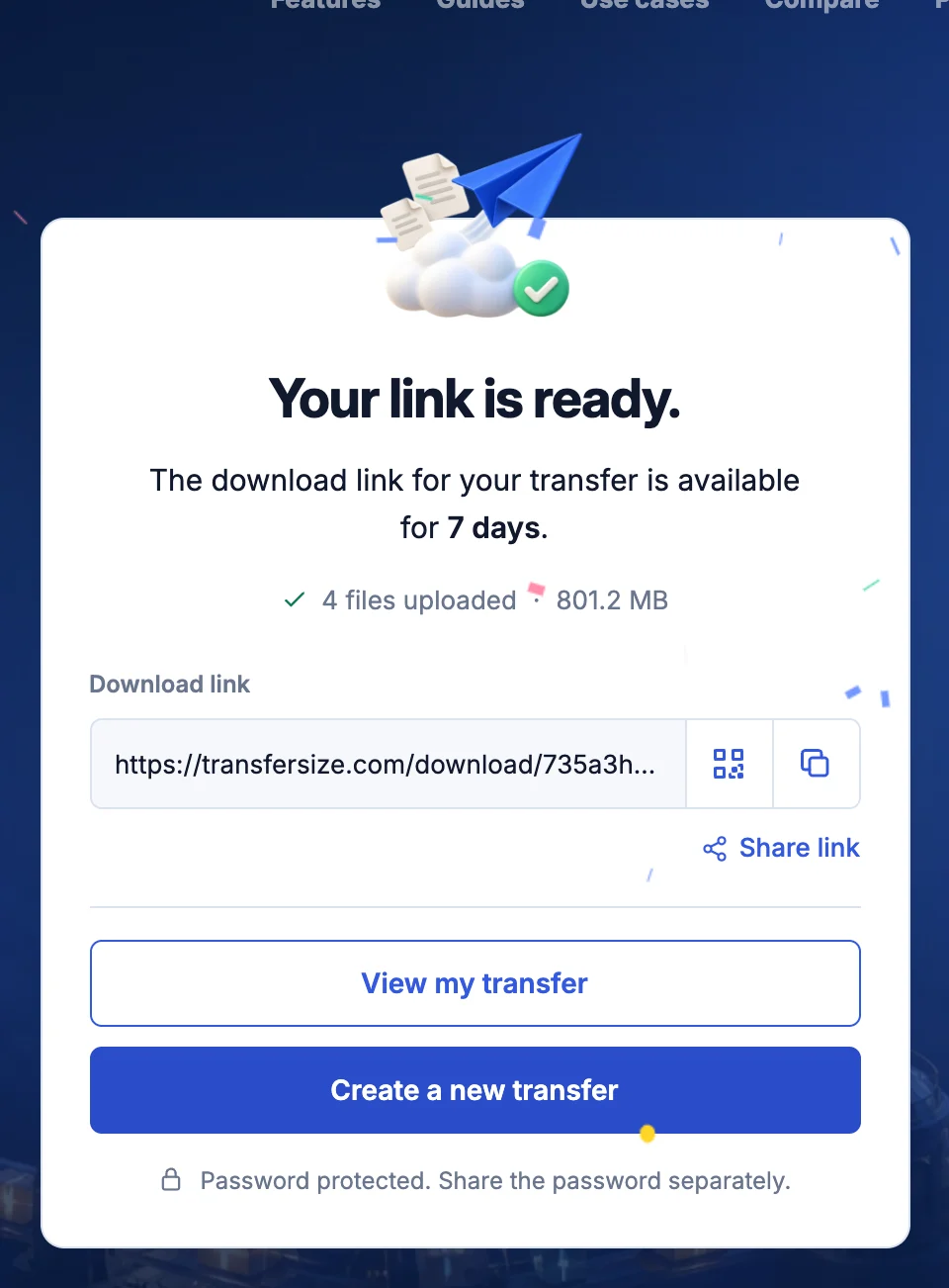 Your link is ready screen with the download link, QR code and copy buttons