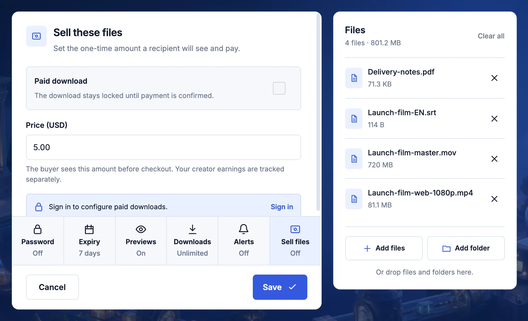 Sell these files panel with the paid download switch and a price in US dollars